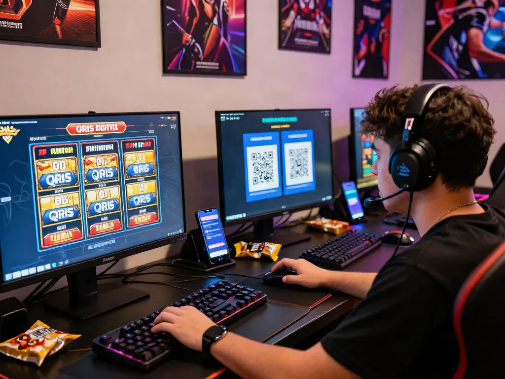 Player making a slot deposit using QRIS in a vibrant gaming setup with QR codes and gaming equipment.
