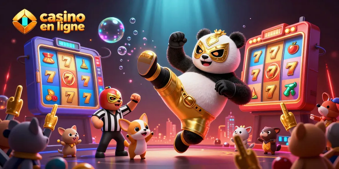 Illustration de panda lutteur et chihuahua dans un casino en ligne vibrant, ambiance festive.