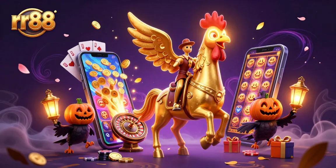 Experience rr88 with a golden rooster headless horseman and spectral elements in a vibrant casino setting.