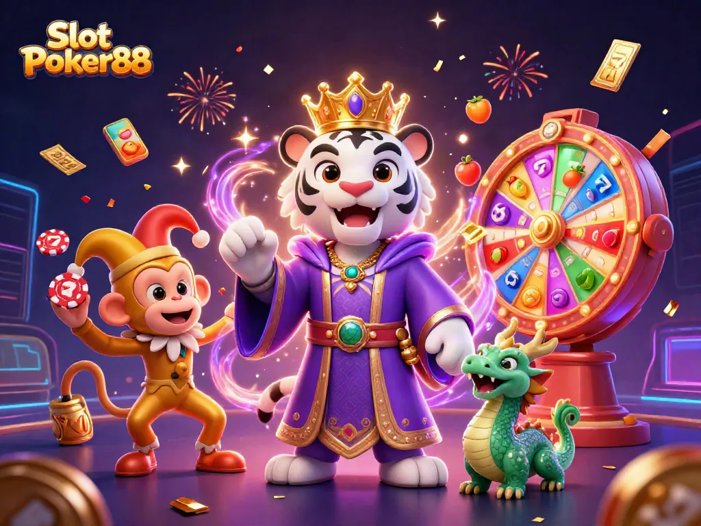 Experience the thrill with Slot Poker88 featuring a vibrant scene of a white tiger, monkey, and dragon.