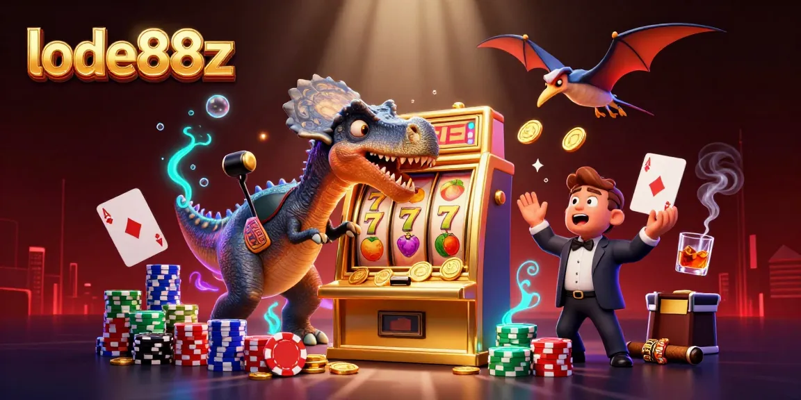 lode88z showcases a pachycephalosaurus hitting a golden slot machine, surrounded by vibrant casino elements