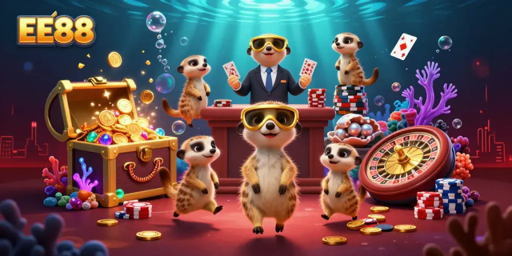 Experience thrilling games at EE88 with meerkats running a lively casino scene.