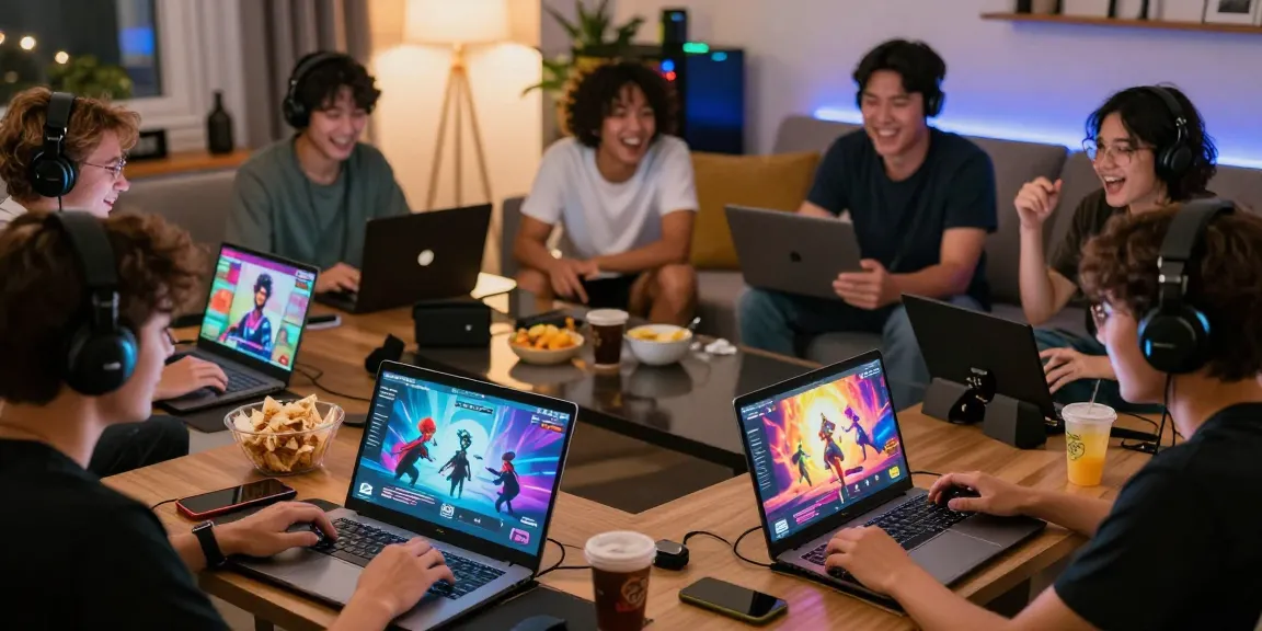 Engaged players enjoying diverse porn games in a vibrant living room setting.