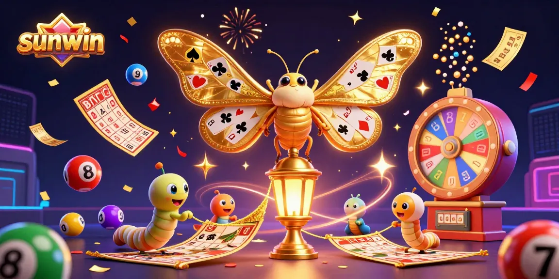 Engage with Sunwin's thrilling online casino experience, illustrated with vibrant lottery elements and gold accents.