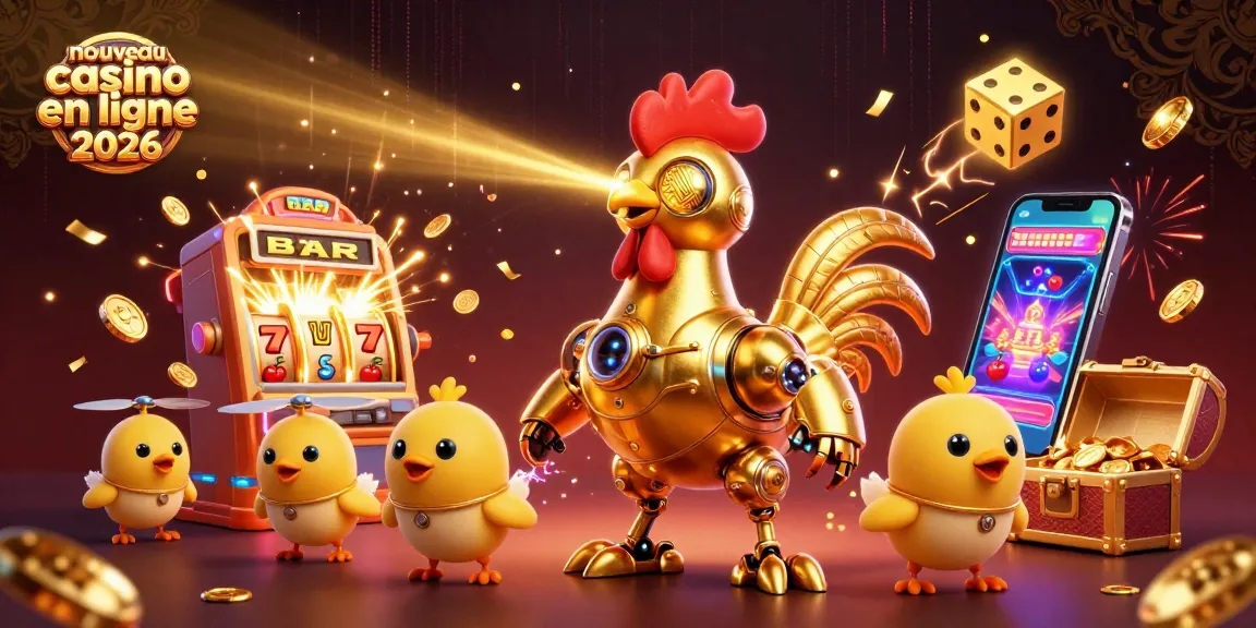 Capture des animations du nouveau casino en ligne 2026 avec un robot coq doré et un jackpot spectaculaire.