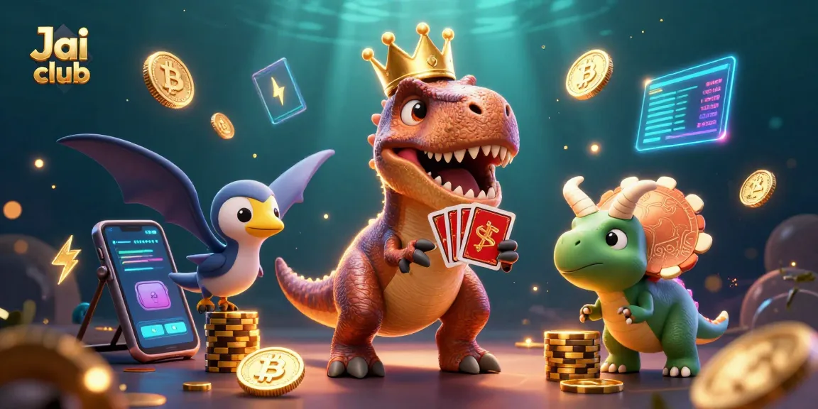 Engage with Jai club as a T-Rex shuffles cards while crypto coins illuminate the scene.
