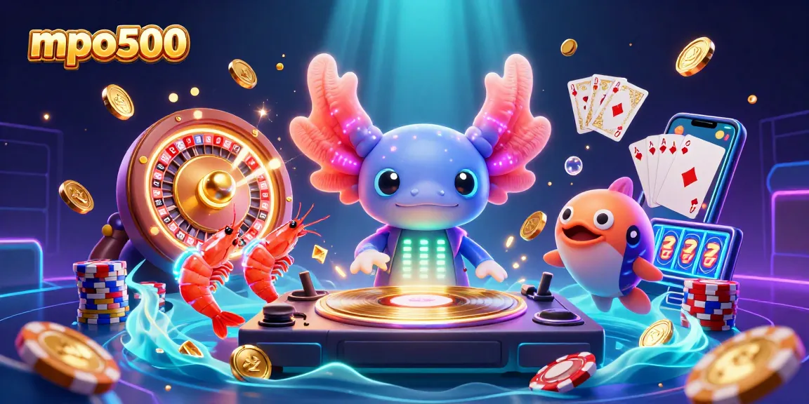 Spin and win at mpo500 with a vibrant casino scene featuring dancing axolotl DJ.