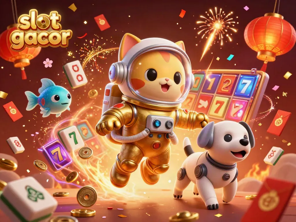 Engage in thrilling gaming action with slot gacor themed 3D artwork featuring astronaut cat and robot dog.