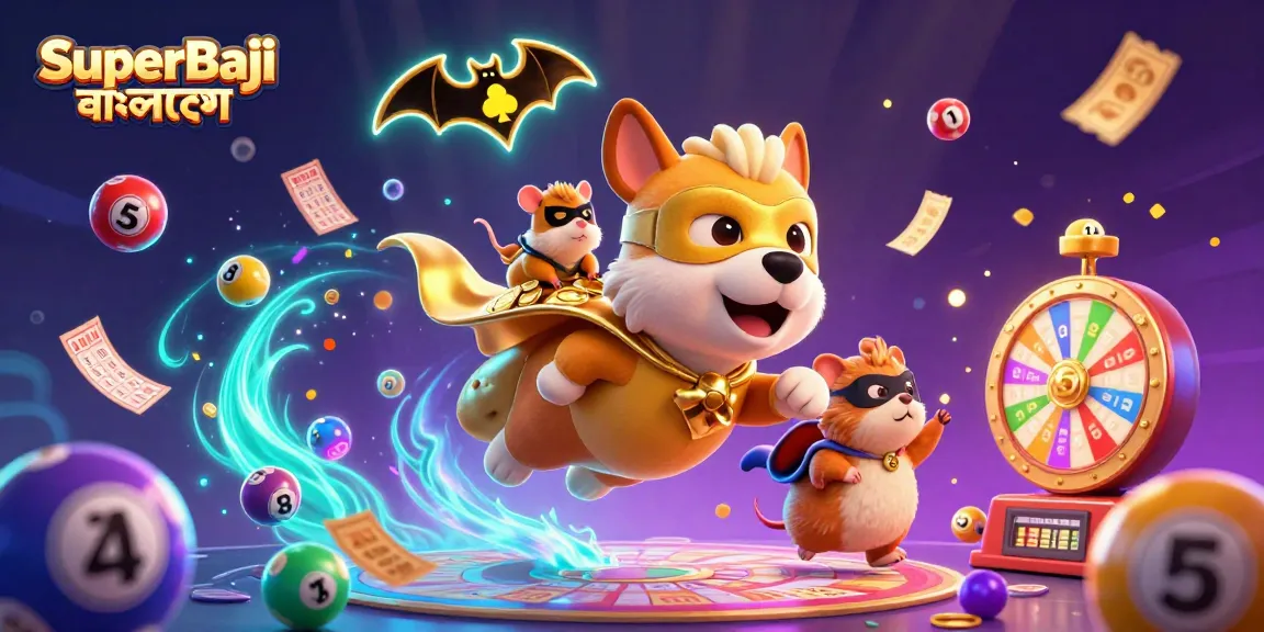 Engage with SuperBaji বাংলাদেশ as a dynamic scene unfolds with a heroic dog and hamster amidst vibrant gambling elements.
