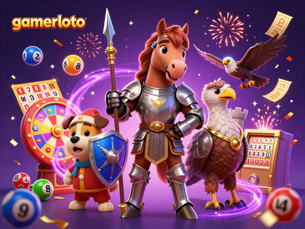 Experience vibrant gaming excitement with gamerloto's energetic 3D casino scene featuring knights and lively lottery elements.