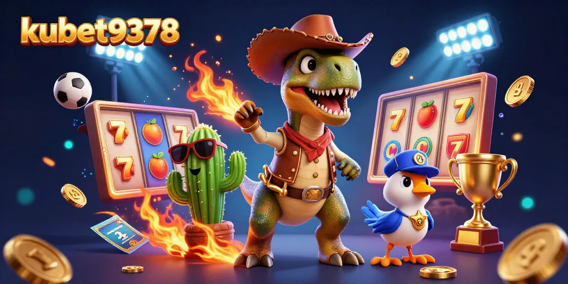 Experience the thrill of kubet9378 casino gaming with vibrant slot elements, a wild T-Rex character, and dynamic sports items.