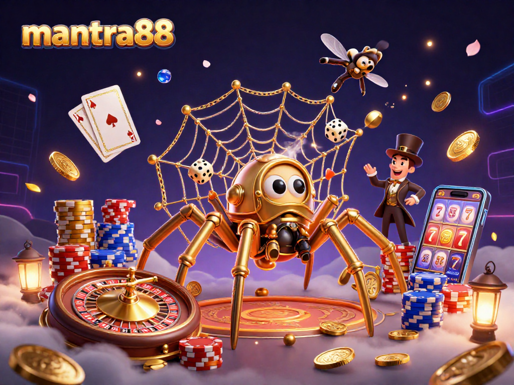 Win big at mantra88 with a dynamic 3D casino scene featuring steampunk elements and vibrant gaming symbols.