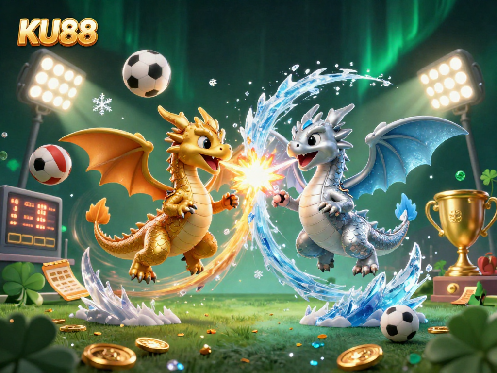 Exciting scene with KU88's dynamic 3D dragons showcasing sports betting excitement with animated elements.