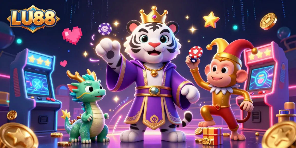 Experience thrilling LU88 activities with a vibrant scene featuring a white tiger, monkey, and casino elements.