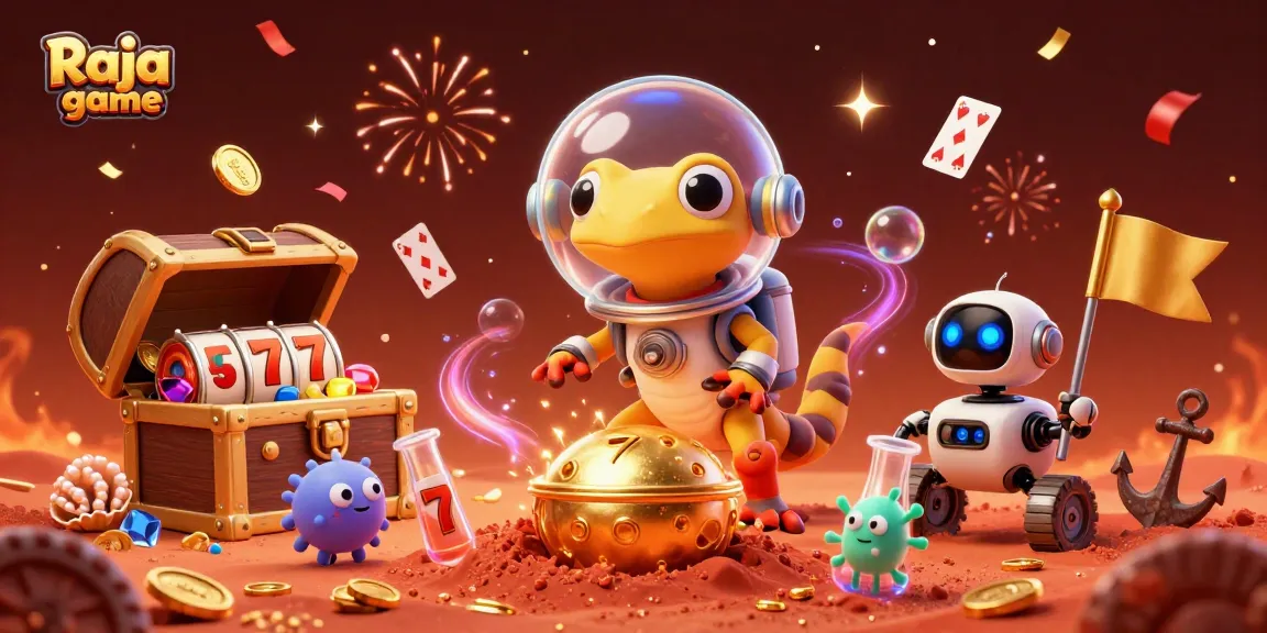 Experience the excitement of Raja game with a 3D Martian gecko and golden casino in a vibrant scene.