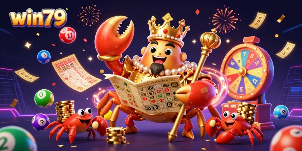 Win79 online casino illustrated scene with a golden crab emperor and lottery elements.