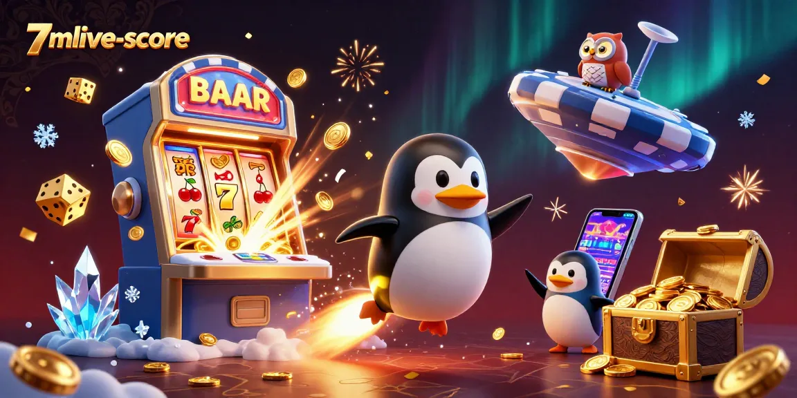 Engage with thrilling wins at 7mlive-score featuring a golden penguin and a jackpot slot machine.