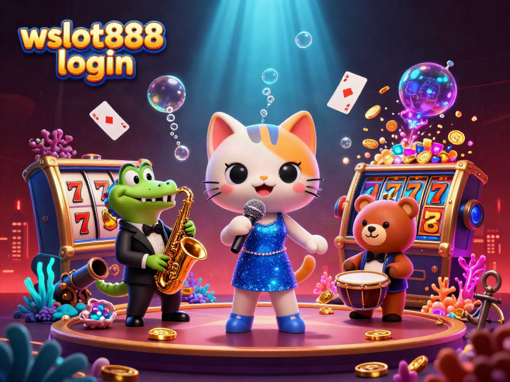 Masuk ke dunia wslot888 login dengan ilustrasi kasino 3D yang penuh aksi, menampilkan karakter unik.