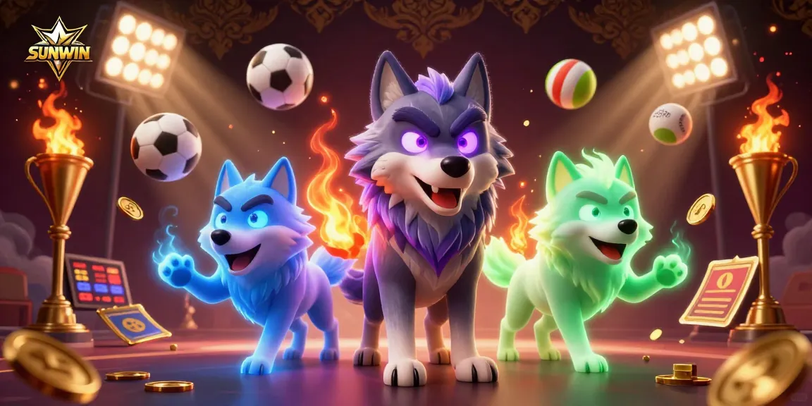 Engage with SUNWIN's exciting sports betting atmosphere featuring vibrant ghostly wolves and dynamic sports elements.
