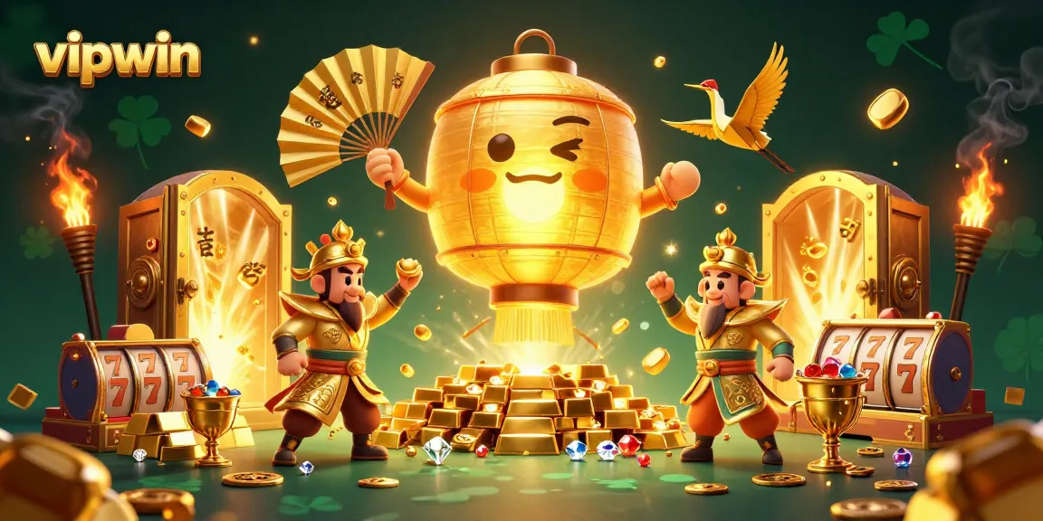 Engage with vipwin's vibrant casino experience featuring golden lanterns, warriors, and abundant treasures.