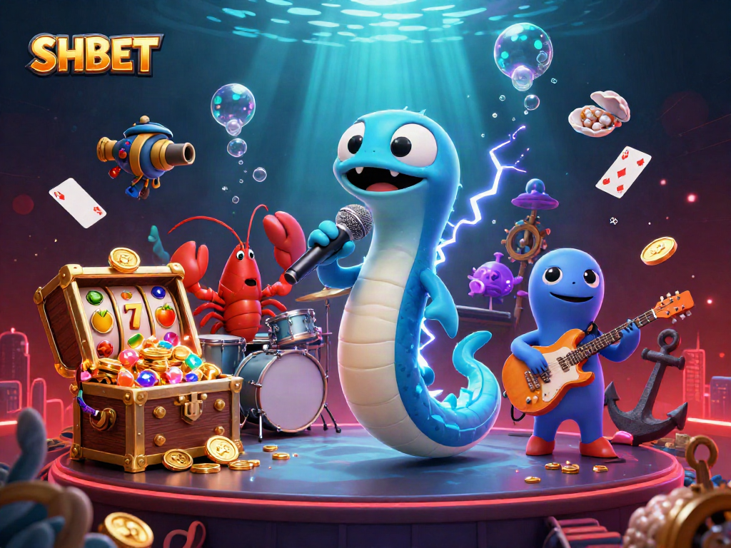 Experience SHBET's vibrant underwater casino stage with electric characters and dynamic gaming elements.