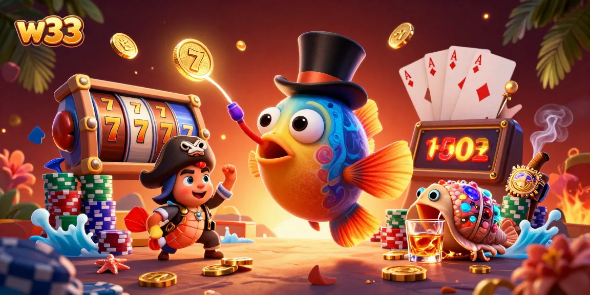 Engage with w33 slots and pokies featuring vibrant casino elements and playful sea creatures.