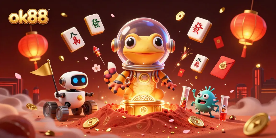 Experience thrilling gaming at ok88 with a cartoon Martian discovering a golden casino on Mars.