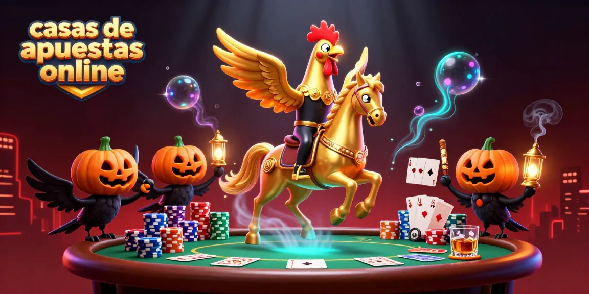 Visualización dinámica de casas de apuestas online, con un gallo dorado y personajes en un casino.