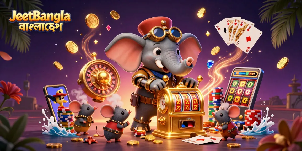 Experience excitement at JeetBangla বাংলাদেশ with thrilling slot action, golden coins cascading in a vibrant casino scene.