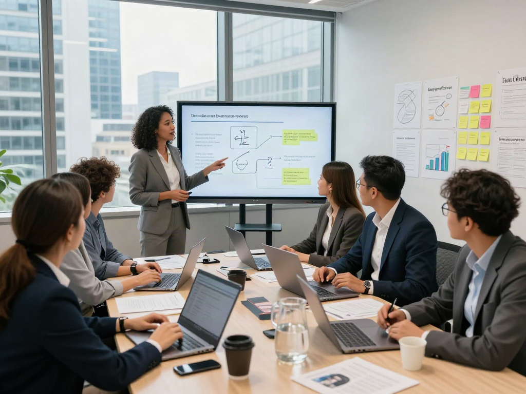 Team collaboration in a modern office for Lead Roedl's consulting services, showcasing strategy presentation and brainstorming.