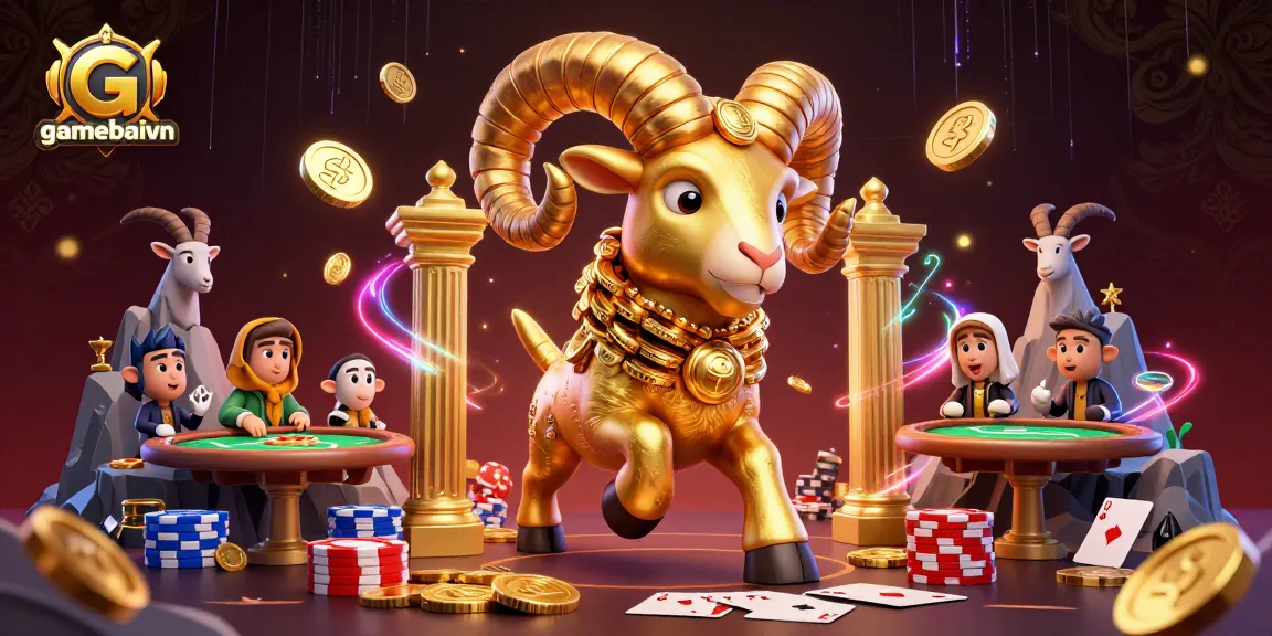 Join the thrilling action at gamebaivn with a dynamic poker scene featuring unique golden ram characters.