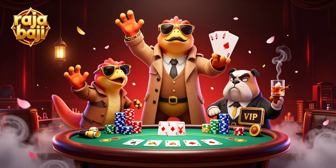 Engage with raja baji's vibrant casino scene featuring three raptors in a trench coat at a poker table.