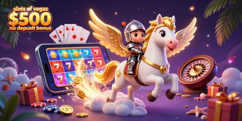 Spin and win with slots of vegas $500 no deposit bonus featuring golden coins and rewards.