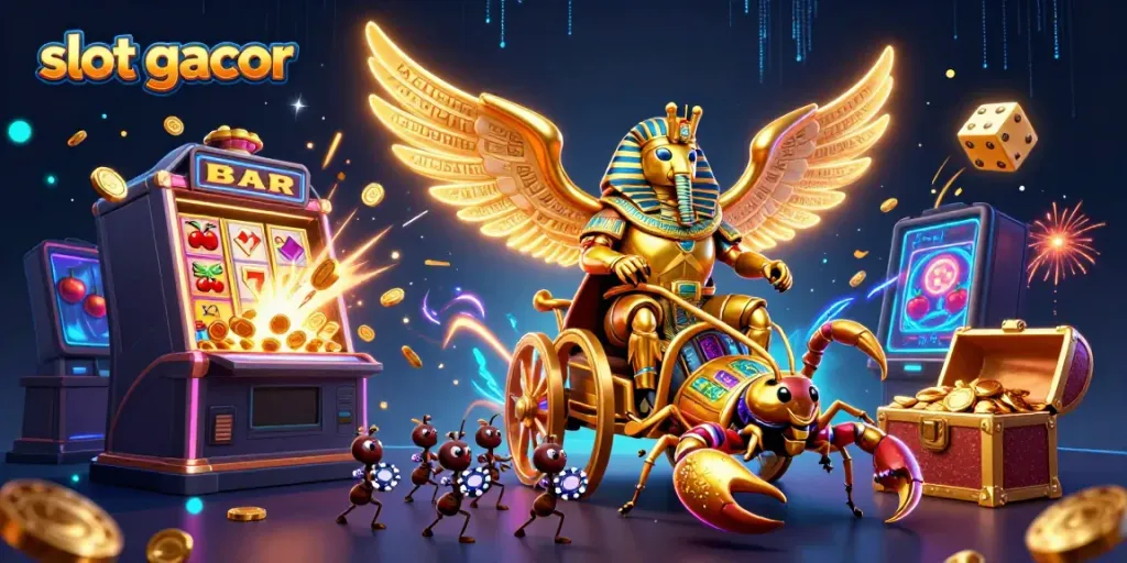 Experience the excitement of slot gacor with a colossal golden scarab beetle and dynamic slot features.