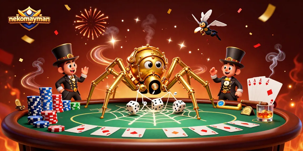 Experience the thrill of nekomayman with a golden spider and poker chips in this lively casino scene.