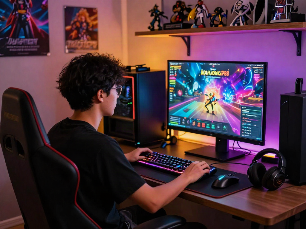 Player engaging with Slot Gacor MAHJONGJP88 in an immersive gaming setup with colorful graphics and LED lights.