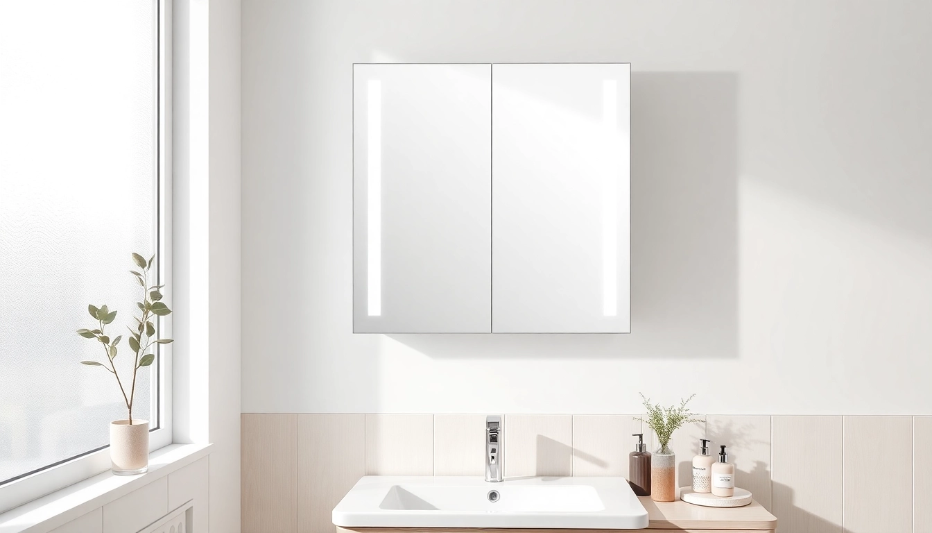 Schicke spiegelschrank bad mit Beleuchtung in modernem Badezimmer mit natürlichem Licht.