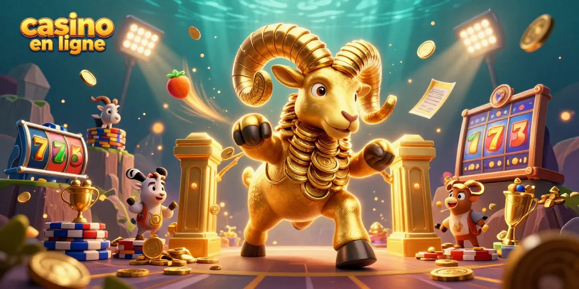 Casino en ligne : illustration dynamique d'un ram doré avec des éléments de machines à sous.