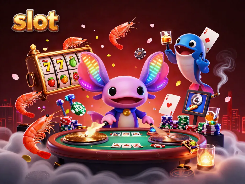 Engage with exciting slot action featuring a neon axolotl DJ and vibrant casino elements.