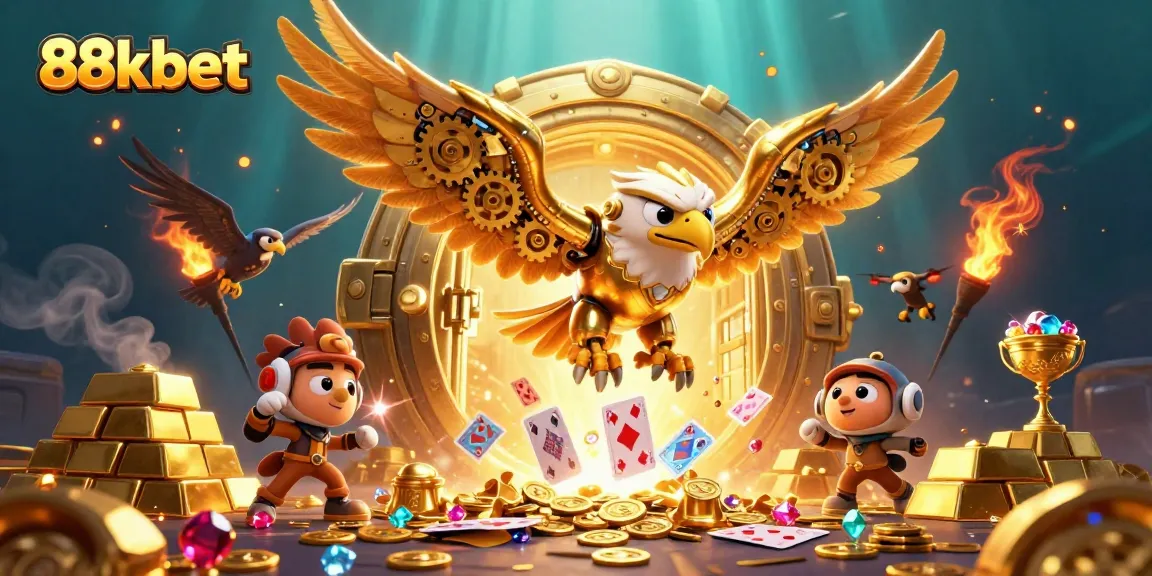 Engage with exciting gameplay at 88kbet through stunning 3D visuals featuring a golden eagle and treasure.