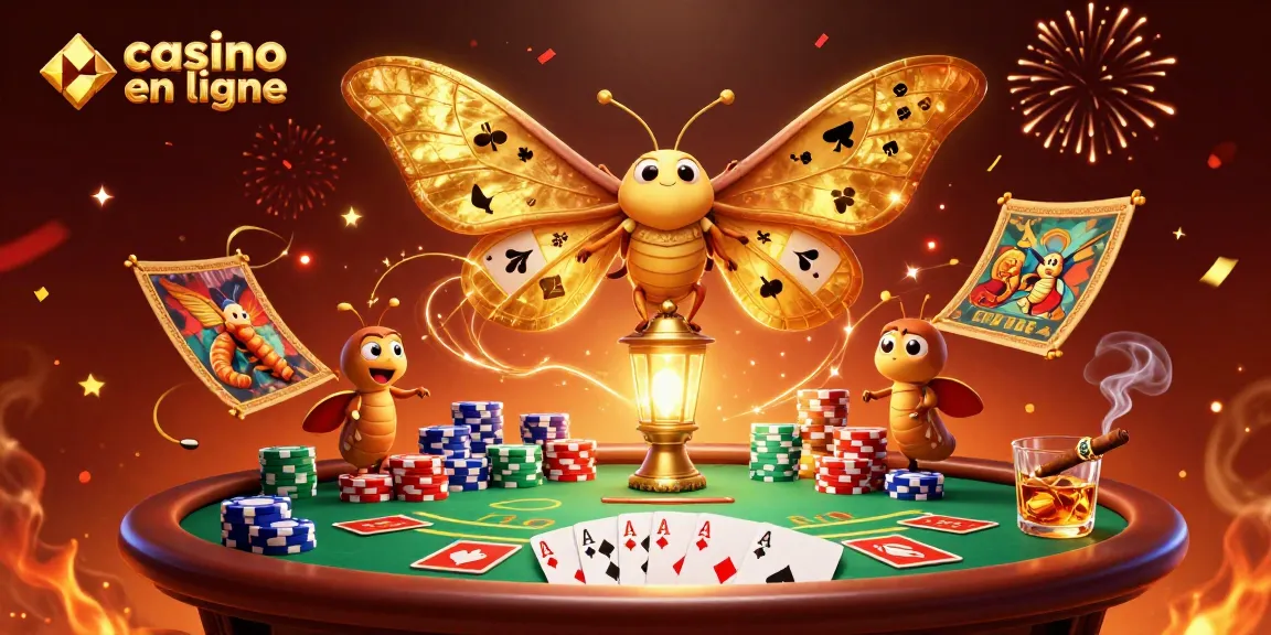 Illustration dynamique de casino en ligne avec un papillon atlas et des scènes de jeux.