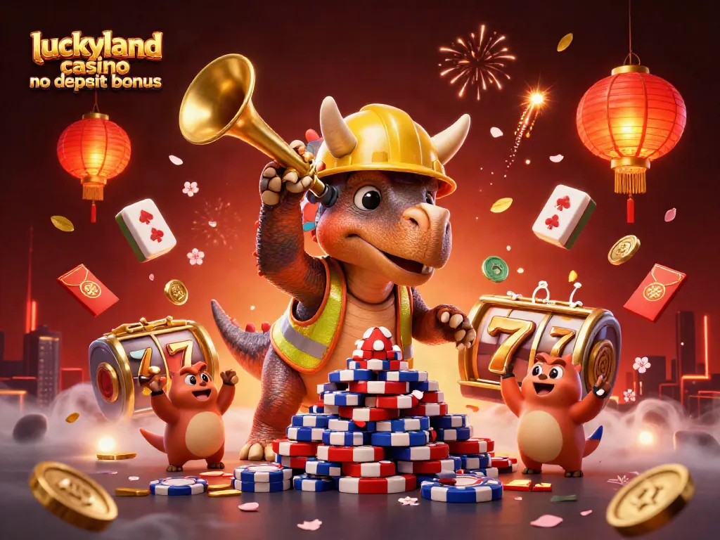 Experience the luckyland casino no deposit bonus with festive characters building poker chip pyramids, surrounded by slot game elements.