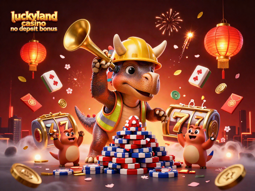 Experience the luckyland casino no deposit bonus with festive characters building poker chip pyramids, surrounded by slot game elements.