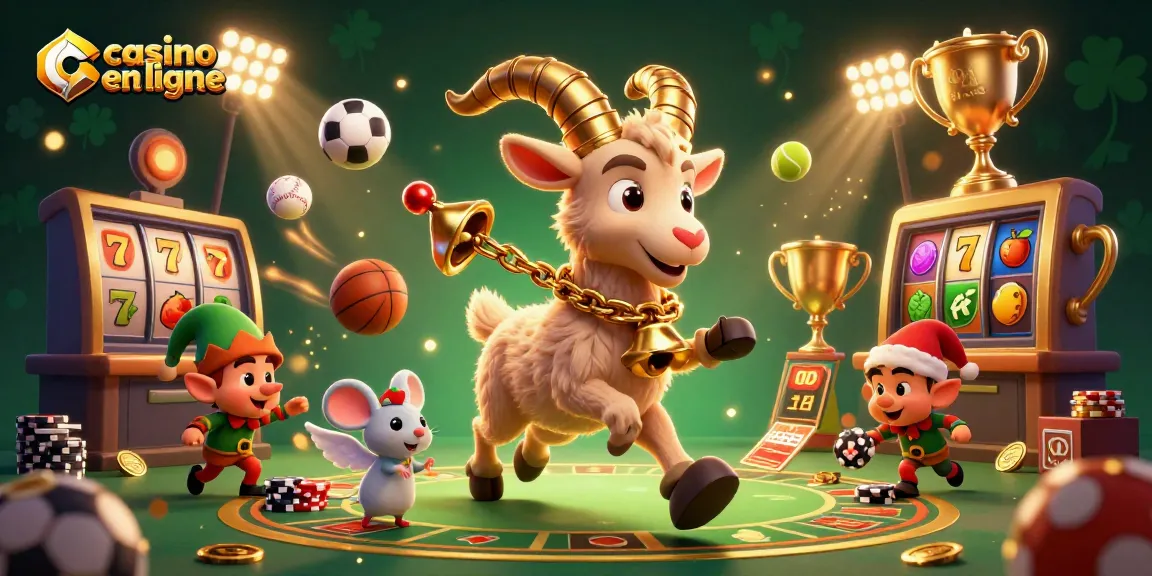 Une scène dynamique de casino en ligne où le Krampus, une souris ange et des gremlins volent des jetons dans une ambiance festive.