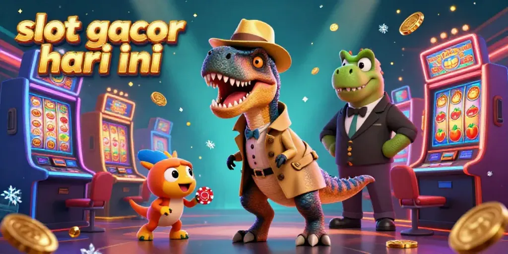 Experience the excitement of slot gacor hari ini with a cartoon velociraptor at a vibrant casino.