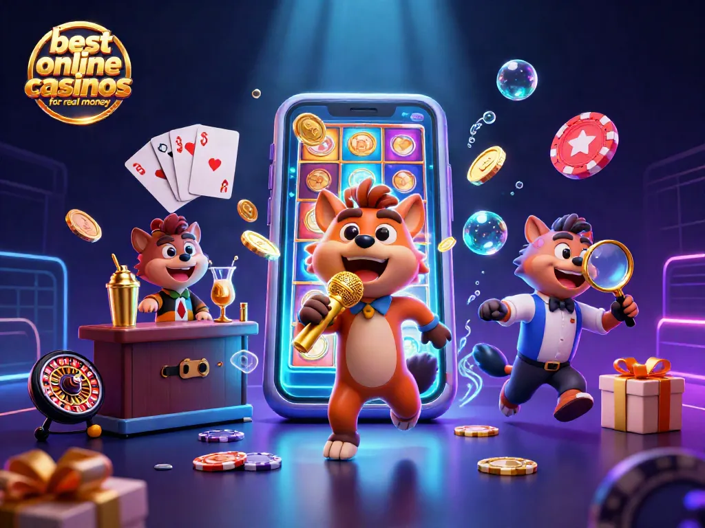 Experience the excitement of the best online casinos for real money with animated hyenas hosting a vibrant casino scene.