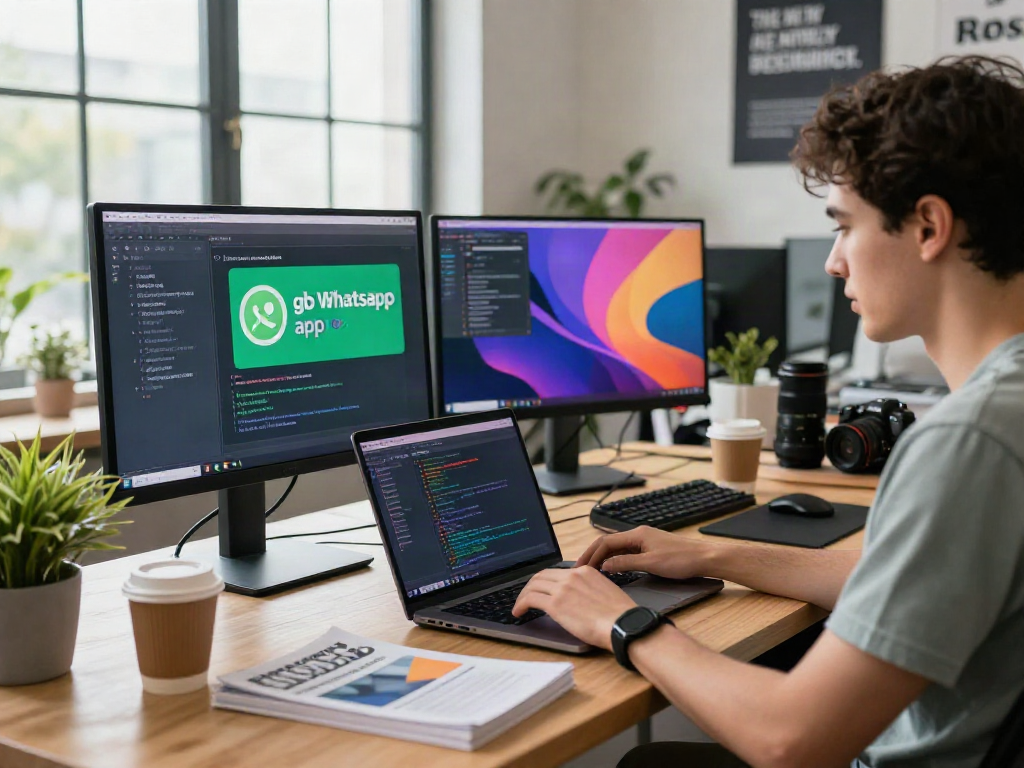 Developer coding the gb whatsapp apk in a modern workspace with vibrant screens and natural light.