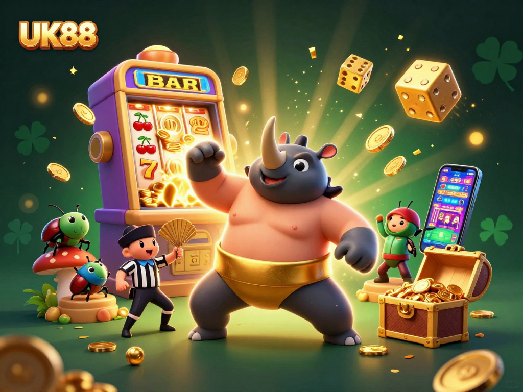 Celebrate wins with a dynamic UK88 casino scene featuring vibrant characters and action.