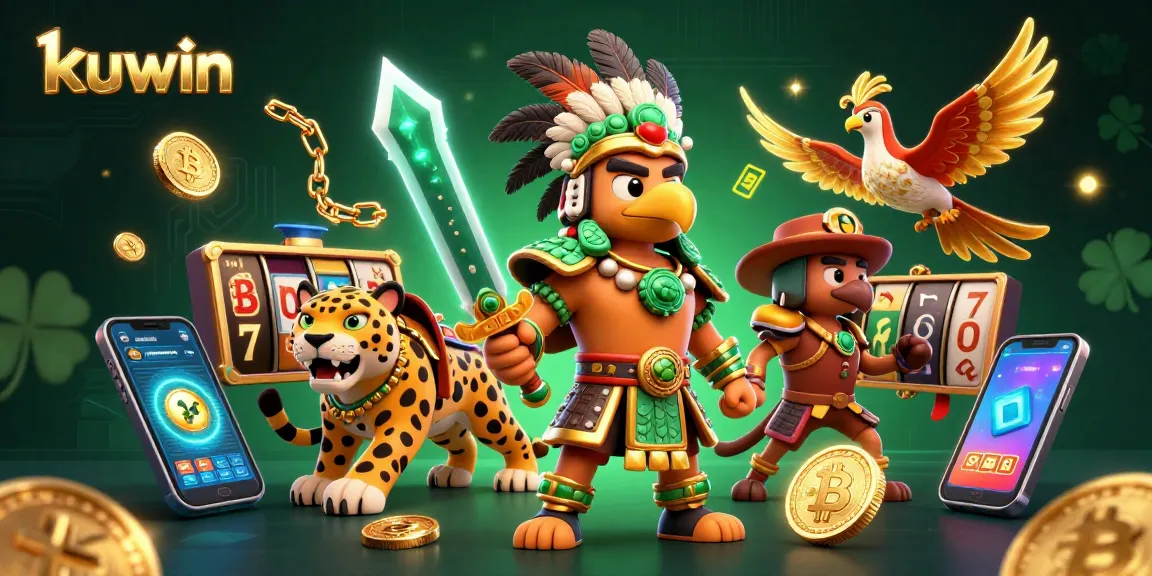 Kuwin offers thrilling gameplay with an Aztec-themed warrior and various crypto elements in a vibrant casino scene.