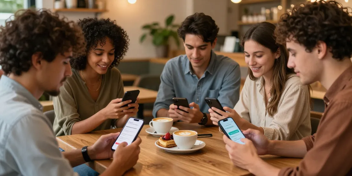Engaging singles using the HundRoses dating app in a cozy cafe setting.